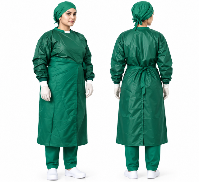 KUKIVO Impervious Wrap Around Surgeon Gown, front and back